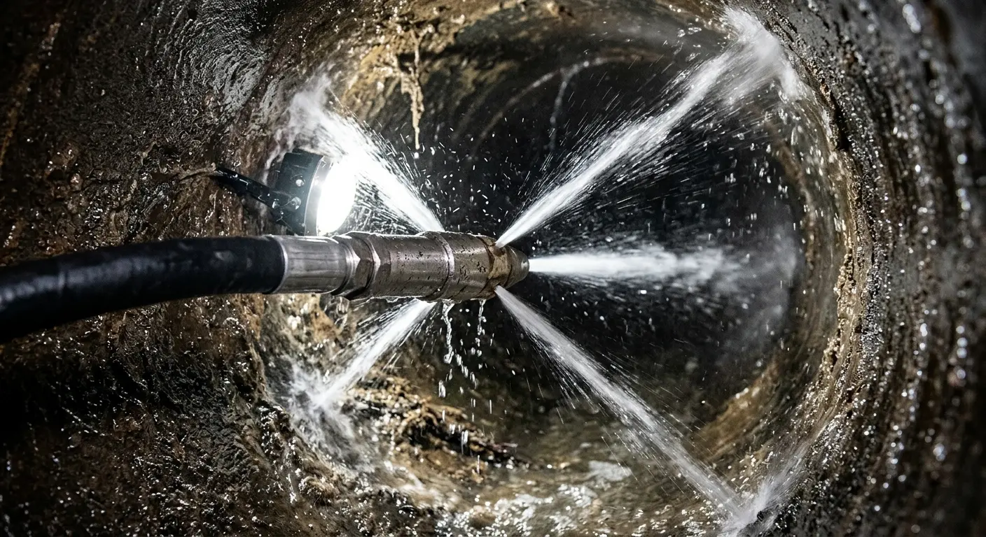 High-pressure hydro jetting nozzle cleaning sewer pipe for Sewer Cleanout in Foxborough