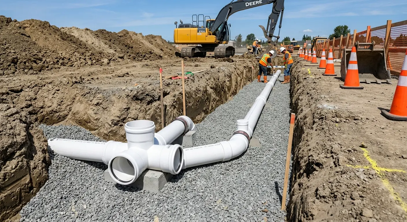 New PVC sewer pipe installation in open trench for Commercial Drain Cleaning in Foxborough